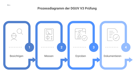 Prozessdiagramm der dreistufigen DGUV V3 Prüfung mit den Schritten Besichtigen, Messen und Erproben, die zu einer finalen Dokumentation führen.