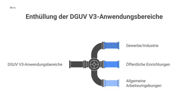 Anwendungsbereiche der DGUV V3 Mindmap zu den Anwendungsbereichen der DGUV V3, unterteilt in die Kategorien Gewerbe/Industrie, öffentliche Einrichtungen und allgemeine Arbeitsumgebungen