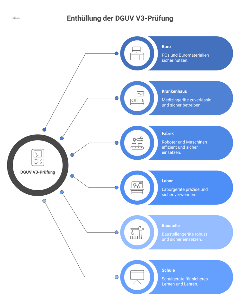 Relevanz der DGUV V3-Prüfung Infografik zur Relevanz der DGUV V3-Prüfung in sechs Bereichen wie Büro, Krankenhaus und Baustelle mit typischen Elektrogeräten.