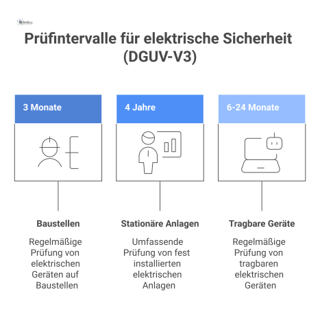 Infografik zur DGUV-V3 Prüfung, die eine Zeitachse mit Prüfintervallen, eine Checkliste der Sicherheitsregeln und eine Elektrofachkraft zeigt.