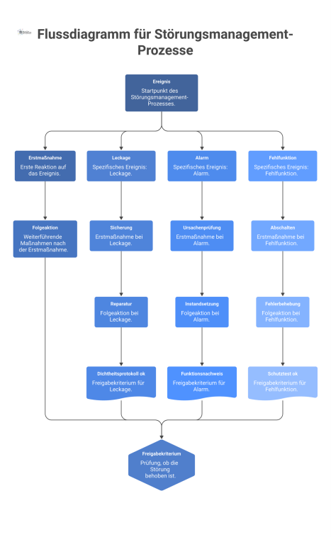  Flussdiagramm, das den vierstufigen Prozess des Störungsmanagements mit den Beispielen Leckage, Alarm und Fehlfunktion von Ereignis bis Freigabekriterium zeigt. 