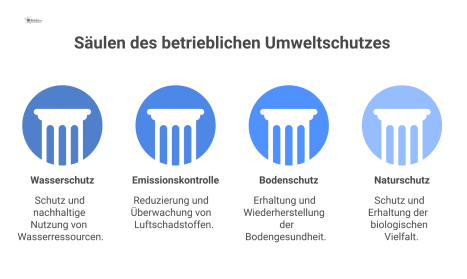  Infografik zum betrieblichen Umweltschutz mit den vier Säulen Wasserschutz, Emissionskontrolle, Bodenschutz und Naturschutz, basierend auf den Prinzipien Vorsorge und Verursacher. 