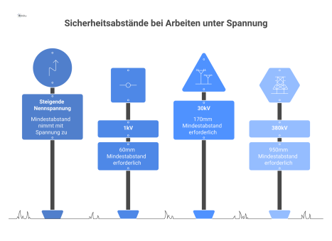 Infografik, die den zunehmenden Sicherheitsabstand für Arbeiten unter Spannung bei steigender Nennspannung von 1kV bis 380kV darstellt.