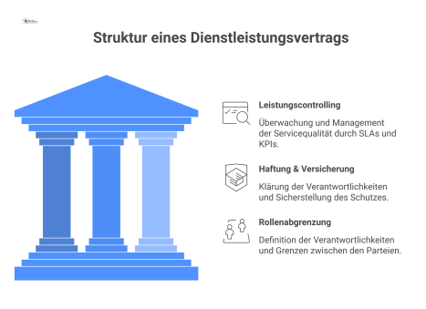  Diagramm der Vertragsstruktur zwischen einem Klinikum und einer gVEFK, das Leistungscontrolling, Haftung und Versicherung sowie die klare Rollenabgrenzung darstellt.