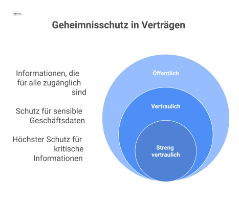 Diagramm trennt Vertraulichkeit (NDA) und Datenschutz (AVV) und zeigt überlappende Kreise sowie eine Pyramide mit vier Klassifizierungsstufen. 