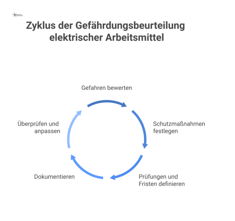 Kreislaufdiagramm, das den Prozess der Gefährdungsbeurteilung mit den vier Schritten Gefahren bewerten, Schutzmaßnahmen, Prüfungen und Dokumentation darstellt. 