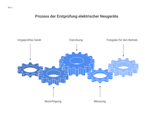 Flussdiagramm des Prozesses zur Erstprüfung elektrischer Neugeräte, von der Anlieferung (rotes Schild) bis zur Freigabe (grüner Haken). 