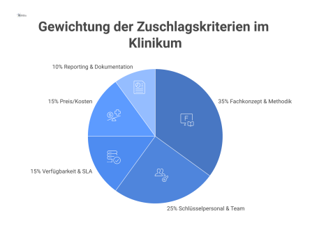 Donut-Diagramm, das die Gewichtung von Zuschlagskriterien darstellt, unterteilt in Fachkonzept (35%), Schlüsselpersonal (25%) und weitere. 
