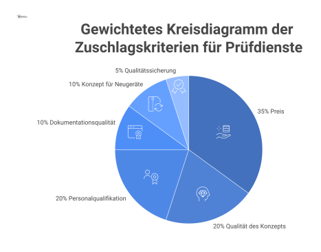 Gewichtetes Kreisdiagramm für die Vergabe von Prüfdiensten, das die prozentuale Verteilung der Zuschlagskriterien wie Preis und Qualität zeigt.