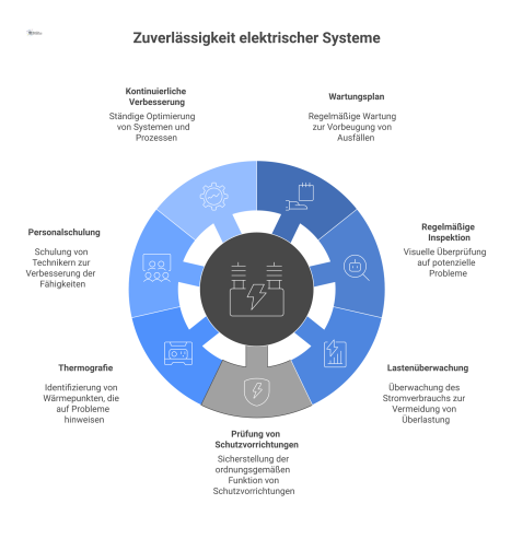 Infografik zur Zuverlässigkeit elektrischer Systeme, die ein zentrales Ziel umgeben von Säulen wie Wartung, Inspektion und Schulung zeigt.