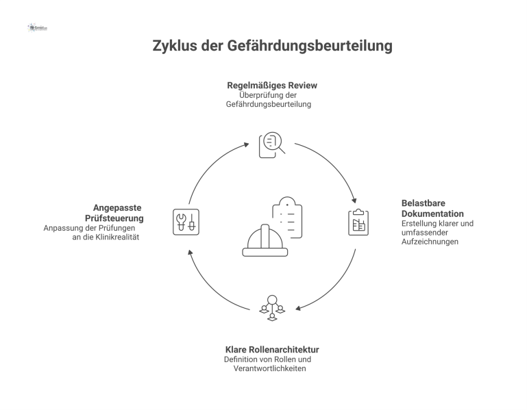Gefährdungsbeurteilung als lebendes Managementsystem Eine Infografik, die den zyklischen Prozess der Gefährdungsbeurteilung mit den vier vernetzten Komponenten Review, Dokumentation, Rollen und Prüfsteuerung zeigt.