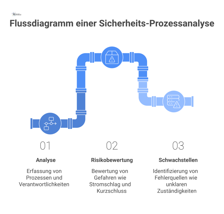 Flussdiagramm, das die drei Phasen einer Sicherheits-Prozessanalyse darstellt: Analyse der Prozesse, Risikobewertung und Identifizierung von Schwachstellen.