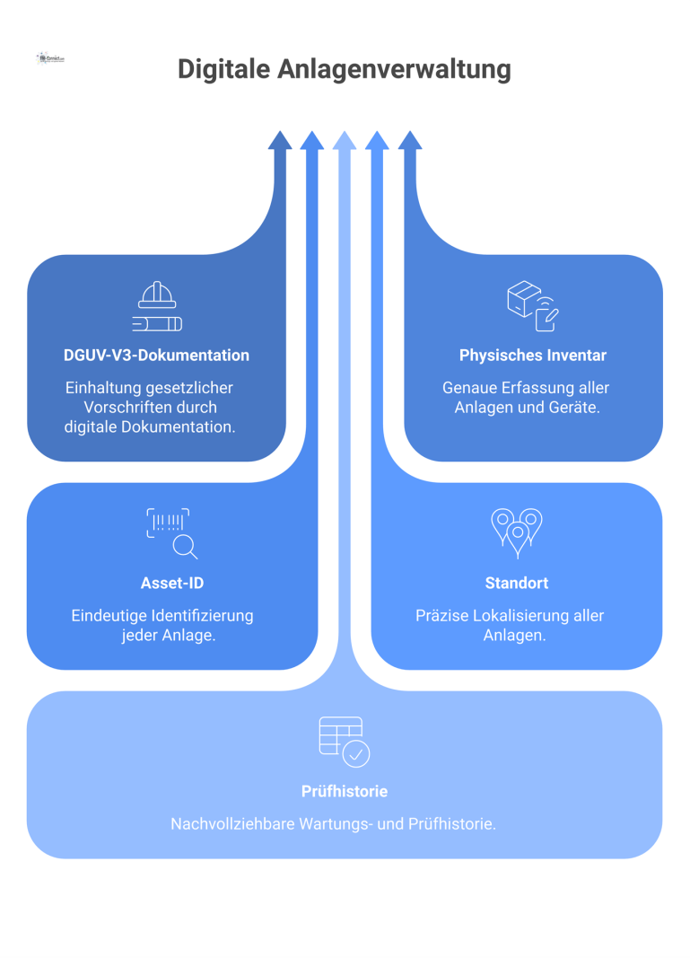 Infografik zum Digitalen Anlagenverwaltungssystem Infografik, die ein digitales Anlagenverwaltungssystem im Zentrum zeigt, das Dokumentation mit Inventar verknüpft und Vorteile wie Effizienz aufzeigt.