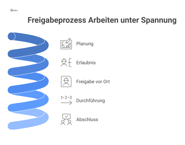 Flussdiagramm: Freigabeprozess Arbeiten unter Spannung Flussdiagramm, das den Freigabeprozess für Arbeiten unter Spannung in fünf sequentiellen Phasen von der Planung bis zum Abschluss mit Verantwortlichen visualisiert.