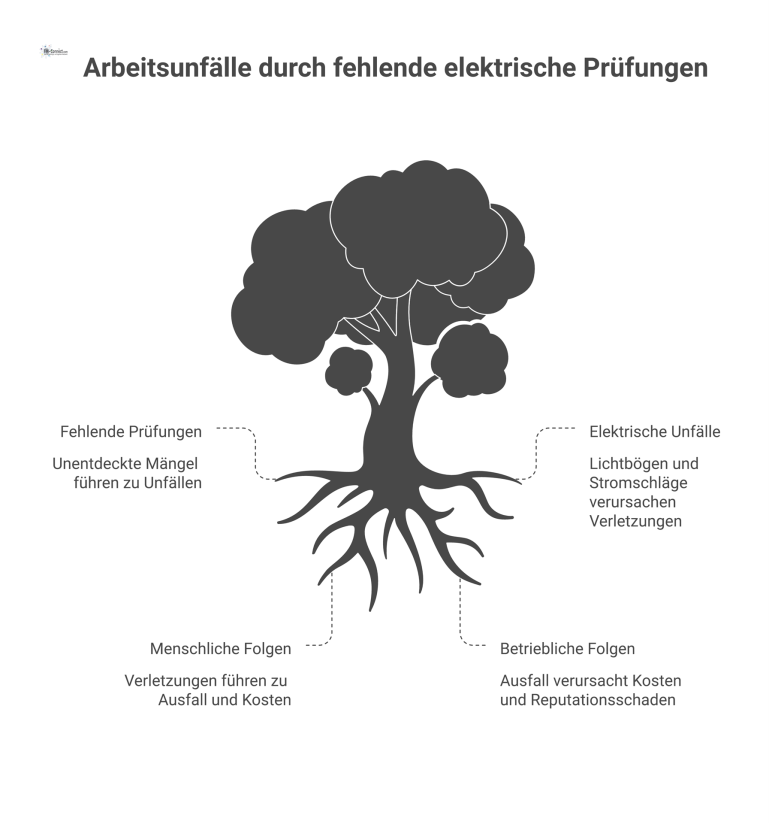 Kausalkette von Arbeitsunfällen Flussdiagramm zur Kausalkette von Arbeitsunfällen, ausgehend von fehlenden Prüfungen, die zu Mängeln, Unfällen und schließlich menschlichen sowie betrieblichen Folgen führen.