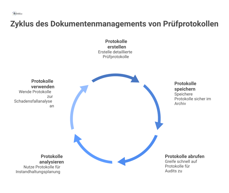 Diagramm eines digitalen Archivs für Prüfprotokolle, das den gezielten Abruf für Audits, Instandhaltung und Schadensfälle darstellt.