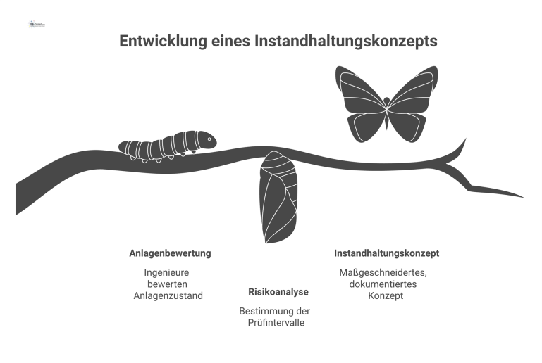 Ein Flussdiagramm, das die Entwicklung eines Instandhaltungskonzepts für elektrische Anlagen darstellt, von der Bewertung über die Risikoanalyse bis zum dokumentierten Konzept.