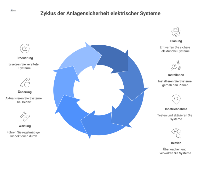 Lebenszyklus der Anlagensicherheit elektrischer Systeme Ein kreisförmiges Diagramm zeigt den Lebenszyklus der Anlagensicherheit mit sieben Phasen, die im Uhrzeigersinn um das Zentrum verlaufen.