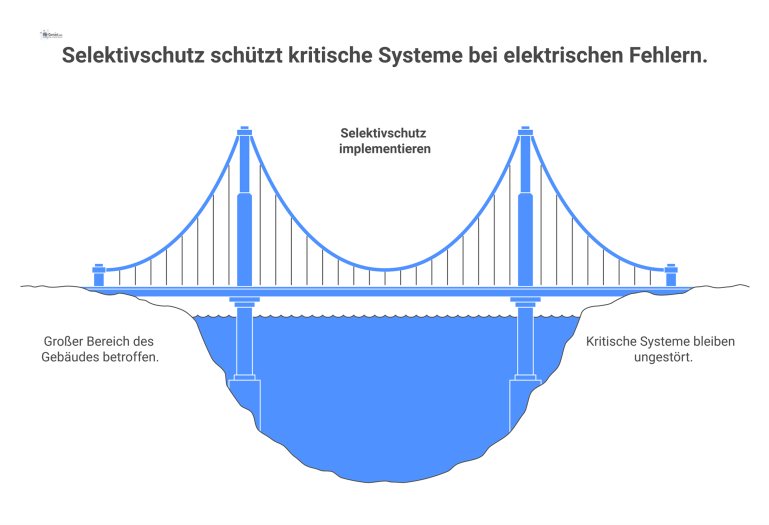 Selektivschutz bei elektrischem Fehler im Gebäude Infografik, die zeigt, wie Selektivschutz einen elektrischen Fehler auf einen kleinen Bereich begrenzt, während kritische Systeme weiterlaufen.