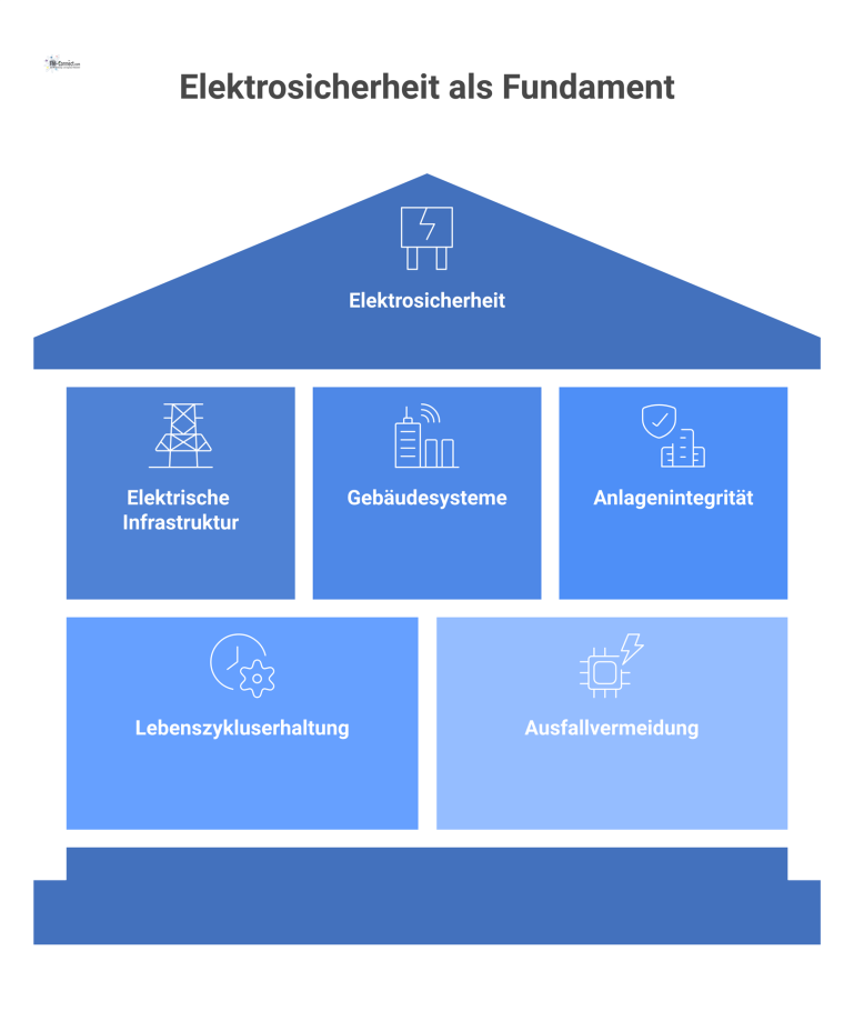 Elektrosicherheit als Fundament für Gebäudesysteme Infografik zeigt Elektrosicherheit als Fundament, auf dem die elektrische Infrastruktur und davon abhängige Gebäudesysteme wie Heizung und IT aufbauen.