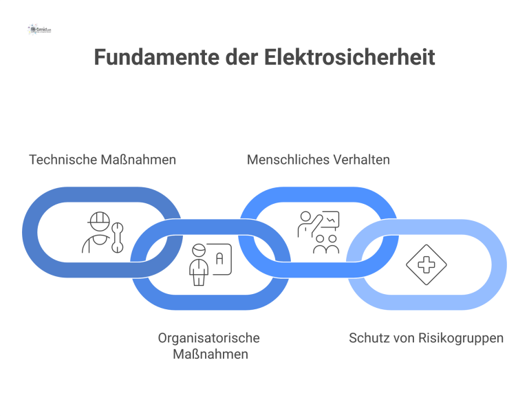 Vier Säulen der Elektrosicherheit Infografik zu den vier Säulen der Elektrosicherheit: technische und organisatorische Maßnahmen, menschliches Verhalten und der Schutz von besonderen Risikogruppen.