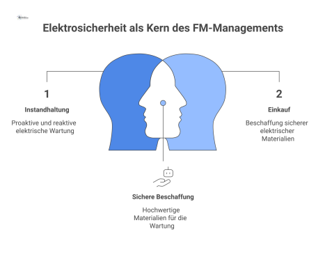 Diagramm des FM-Managementsystems als zentraler Hub, der durch Pfeile die Bereiche Instandhaltung, Einkauf, Dokumentation und Risikomanagement für Elektrosicherheit vernetzt.