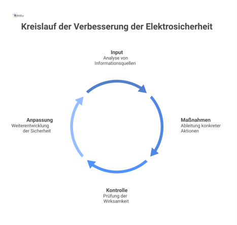 Ein Kreislaufdiagramm, das den Prozess der kontinuierlichen Verbesserung der Elektrosicherheit in vier Schritten zeigt: Input, Maßnahmen, Kontrolle und Anpassung.