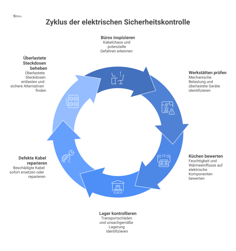 Diagramm der kritischen Bereiche für die Elektrik-Routinekontrolle: Büros, Werkstätten, Küchen und Lager mit ihren jeweiligen Risiken und Gefahren.