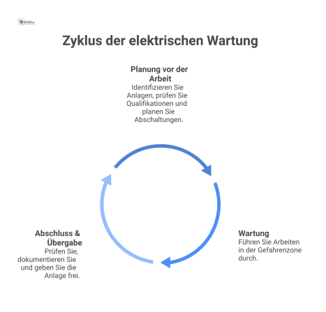 Flussdiagramm, das den sicheren Prozess der elektrischen Wartung in drei Phasen darstellt: Planung, Durchführung der Wartung und Abschluss.
