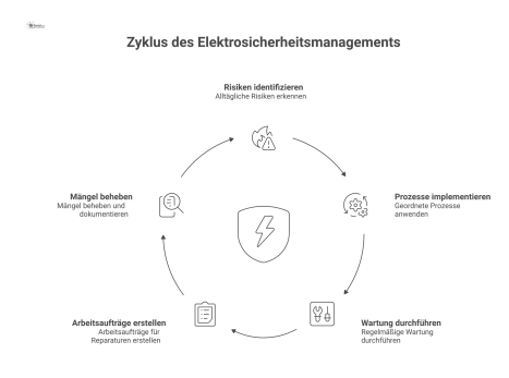 Ein Schutzschild für FM-Elektrosicherheit wehrt rote Risiko-Icons ab und gibt grüne Prozess-Icons wie Wartungspläne und Arbeitsaufträge aus. 