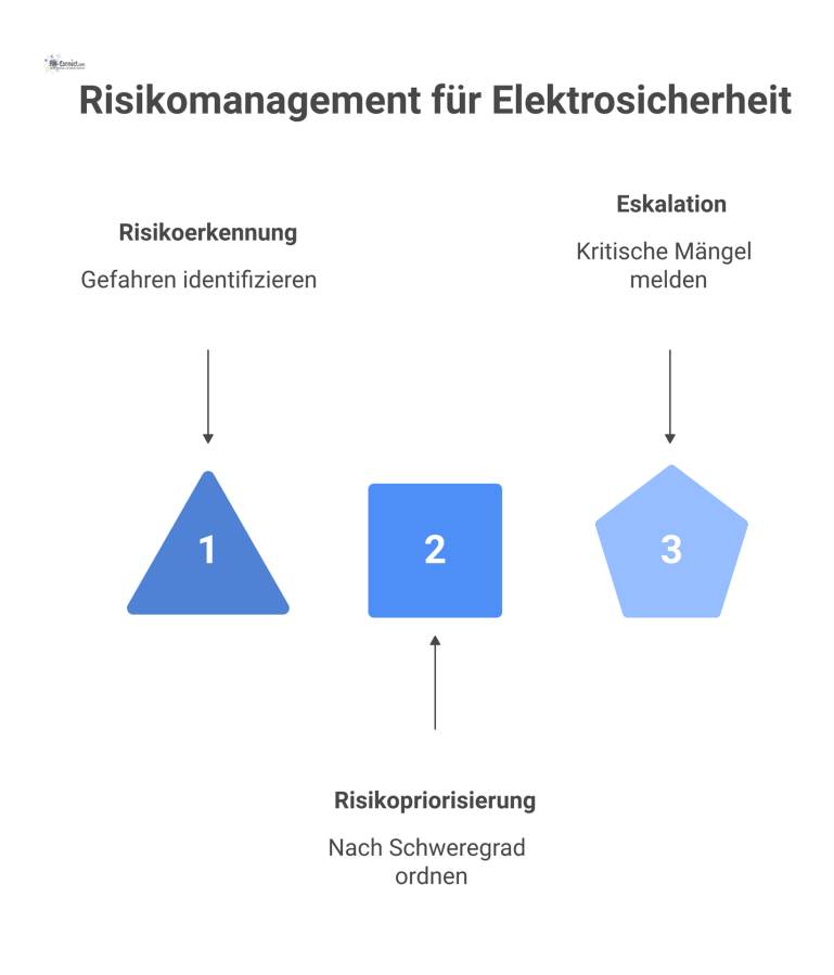Risikomanagement-Prozess für Elektrosicherheit Infografik die einen vierstufigen Prozess zum Risikomanagement für Elektrosicherheit zeigt: Risikoerkennung, Priorisierung, Eskalation und Budgetbegründung mit Icons.