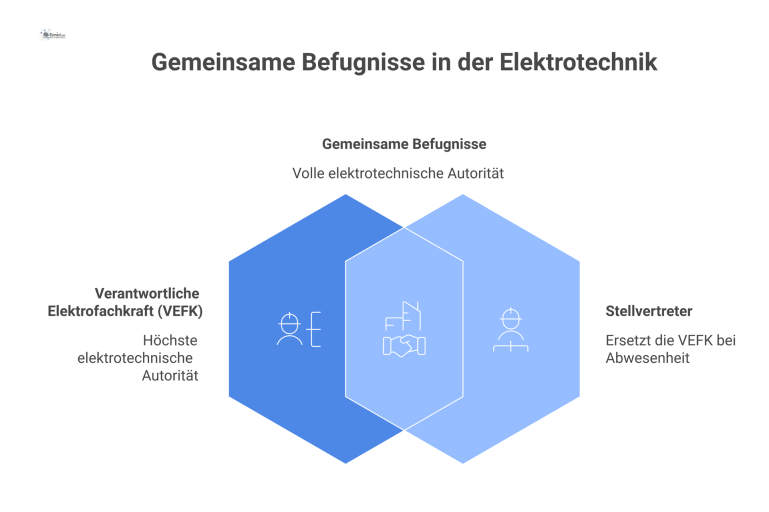 Befugnismatrix Elektrotechnik Matrix-Diagramm, das die identischen Befugnisse für die Verantwortliche Elektrofachkraft und den Stellvertreter in vier Bereichen mit Häkchen darstellt.