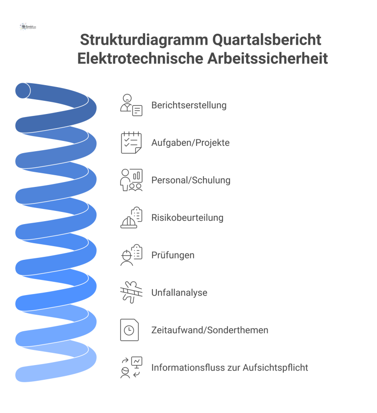 Strukturdiagramm zum Quartalsbericht für elektrotechnische Arbeitssicherheit, das den Informationsfluss vom Elektriker zum Geschäftsführer mit allen Kernthemen darstellt.