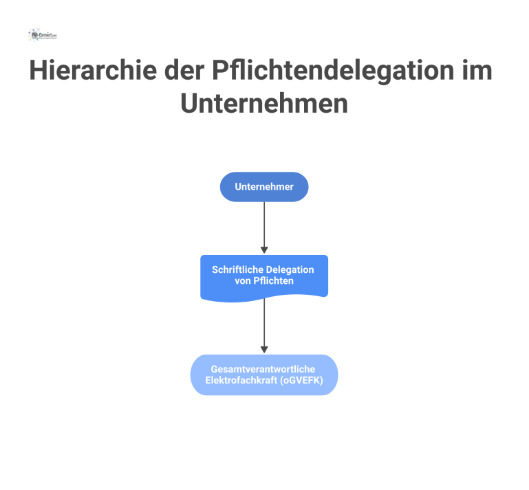 Hierarchie der Pflichtendelegation im Unternehmen Ein Hierarchie-Diagramm zeigt die Delegation von Pflichten vom Unternehmer zur Elektrofachkraft, wobei der Unternehmer die Überwachungsverantwortung behält.
