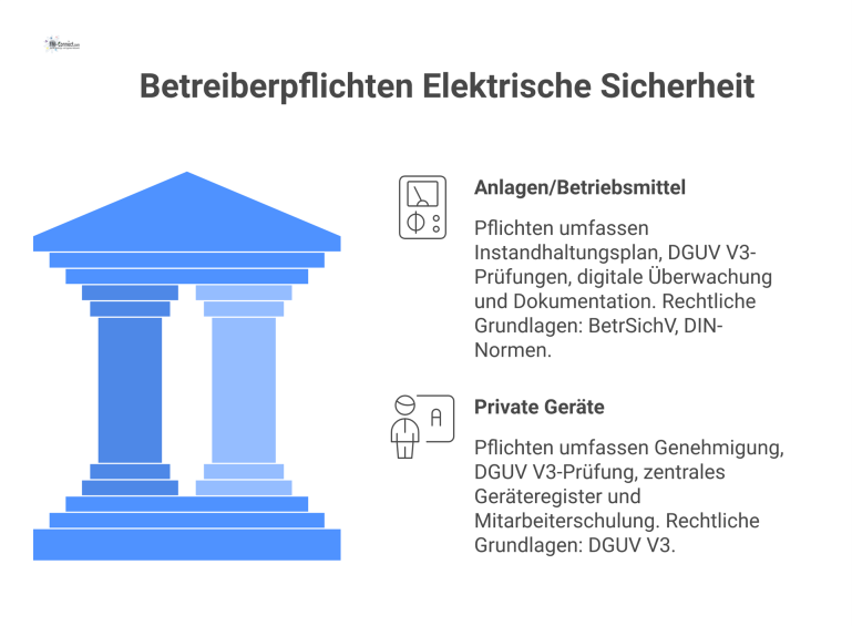 Mindmap über Betreiberpflichten für elektrische Sicherheit mit Hauptästen zu Anlagen/Betriebsmitteln und privaten Geräten sowie den zugehörigen Pflichten und Grundlagen.