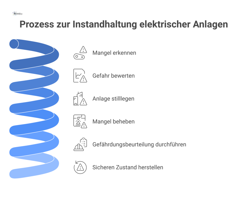 Prozess zur Instandhaltung elektrischer Anlagen Prozessdiagramm zur Instandhaltung elektrischer Anlagen, das bei einem Mangel startet und Entscheidungen bei Gefahr oder Unsicherheit visualisiert.