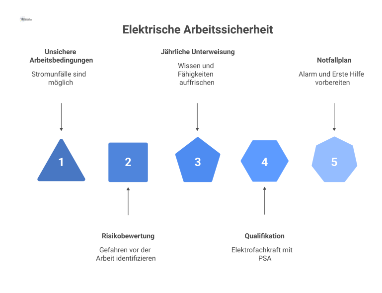 Infografik zur elektrischen Arbeitssicherheit Infografik einer Elektrofachkraft mit Schutzkleidung und Piktogrammen zu den Pfeilern der Sicherheit: Risikobewertung, Unterweisung, Qualifikation und Notfallplan.