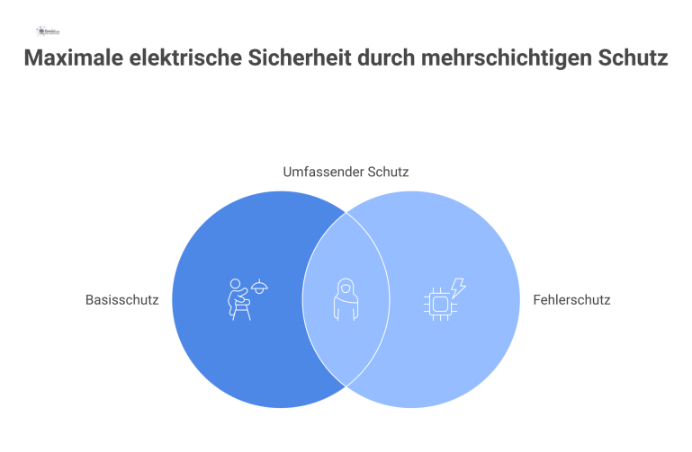 Zweistufige elektrische Sicherheit visualisiert Infografik, die das Prinzip der zweistufigen elektrischen Sicherheit mit Basisschutz und Fehlerschutz als Schutzschild um eine Person darstellt.