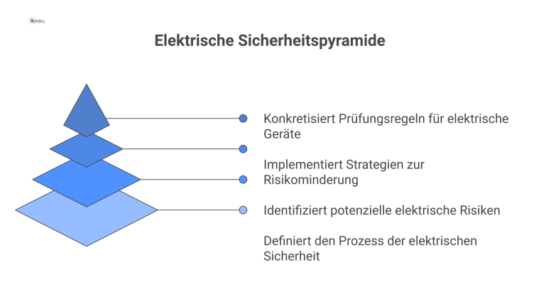 Elektrische Sicherheit: BetrSichV und DGUV 3 Ein Diagramm zur elektrischen Sicherheit, in dem die BetrSichV den Prozess vorgibt und die DGUV Vorschrift 3 die Prüfungen konkretisiert.
