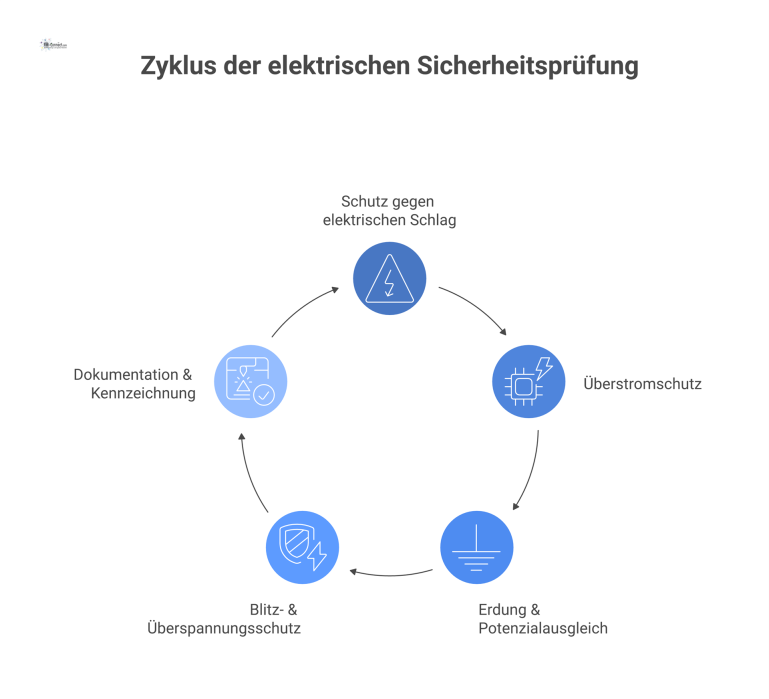 Mindmap Checkliste Elektrische Sicherheit Eine Mindmap zur Sicherheitsprüfung der Elektroplanung mit den Hauptästen Schutz gegen Schlag, Überstromschutz, Erdung, Blitzschutz und Dokumentation.