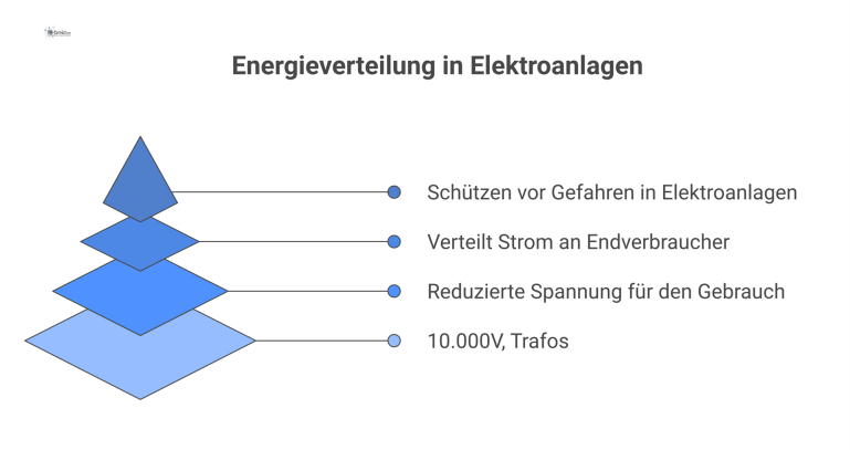 Energieverteilung in Elektroanlagen mit Sicherheitszonen Hierarchisches Diagramm der Energieverteilung von der Mittelspannung über Niederspannung zum Endverbraucher, inklusive der Gefahren- und Annäherungszonen.