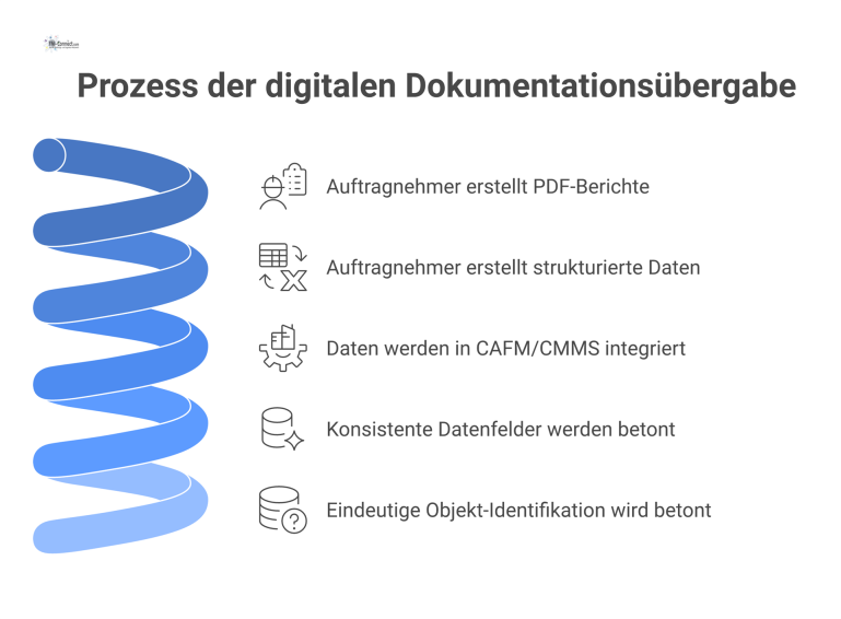 Prozess der digitalen Dokumentationsübergabe Flussdiagramm zeigt den Prozess der Dokumentationsübergabe vom Auftragnehmer, mit PDF-Berichten und strukturierter Daten, zum CAFM-System des Auftraggebers.