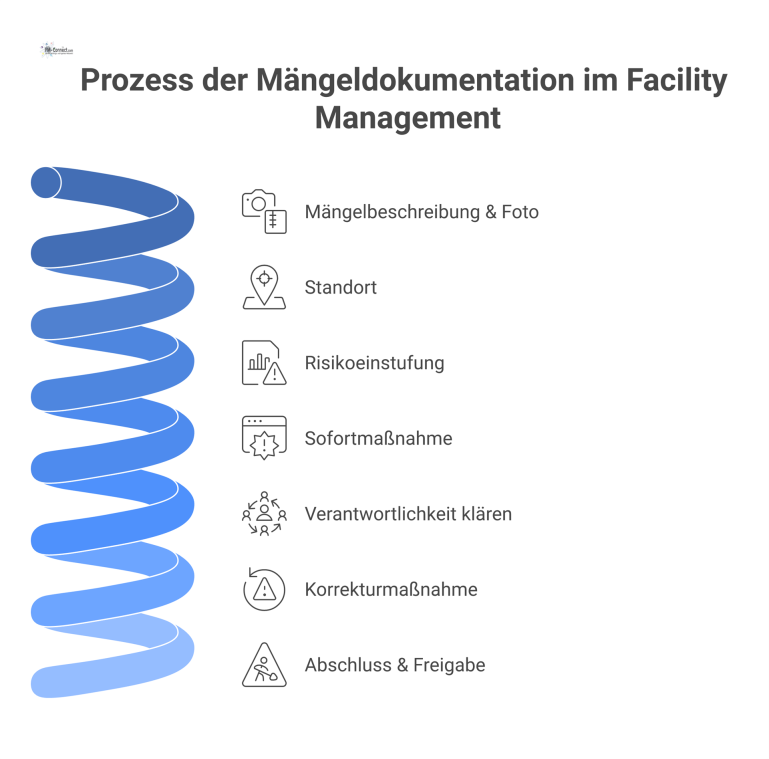Ein Flussdiagramm zeigt den siebenstufigen Prozess der Mängeldokumentation im Facility Management, von der Beschreibung des Mangels bis zur Freigabe.