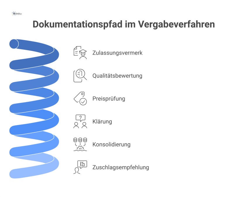 Flussdiagramm des Dokumentationspfads für Bieter mit den Schritten Zulassung, Bewertung, Prüfung, Klärung, Konsolidierung und Zuschlagsempfehlung inklusive Verantwortlichkeiten.