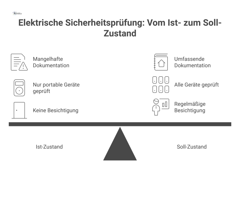 Vergleich: Ist- und Soll-Zustand Elektrische Sicherheitsprüfung Infografik die den Soll-Zustand und mangelhaften Ist-Zustand der elektrischen Sicherheitsprüfung in drei Kernbereichen vergleicht und Maßnahmen aufzeigt.