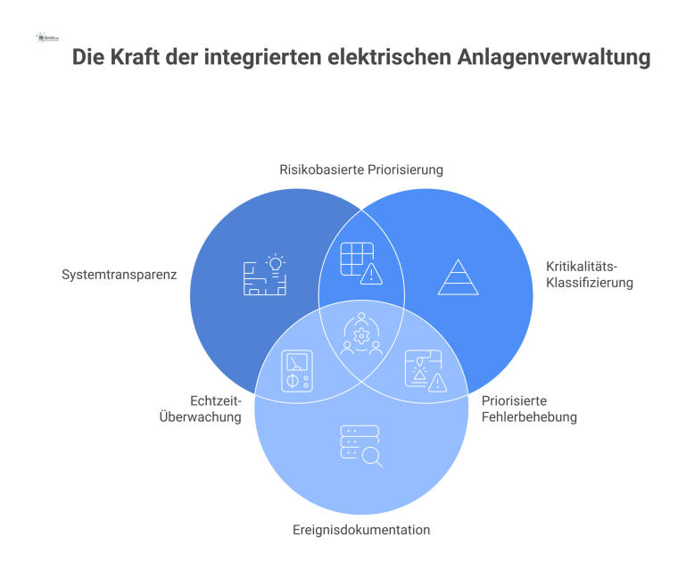 Wirksames Management elektrischer Anlagen Ein Hub-and-Spoke-Diagramm mit dem zentralen Hub 'Wirksames Management elektrischer Anlagen' und vier Speichen: Systemtransparenz, Kritikalitäts-Klassifizierung, Ereignis- und Prozessdokumentation.