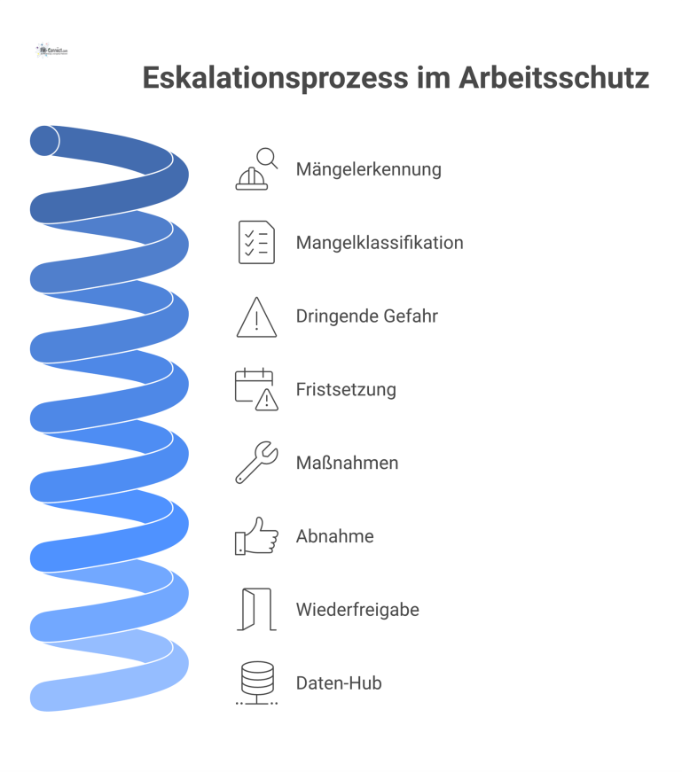 Flussdiagramm eines Eskalationsprozesses im Arbeitsschutz, der bei Mängelerkennung startet und über verschiedene Pfade zur Wiederfreigabe führt.