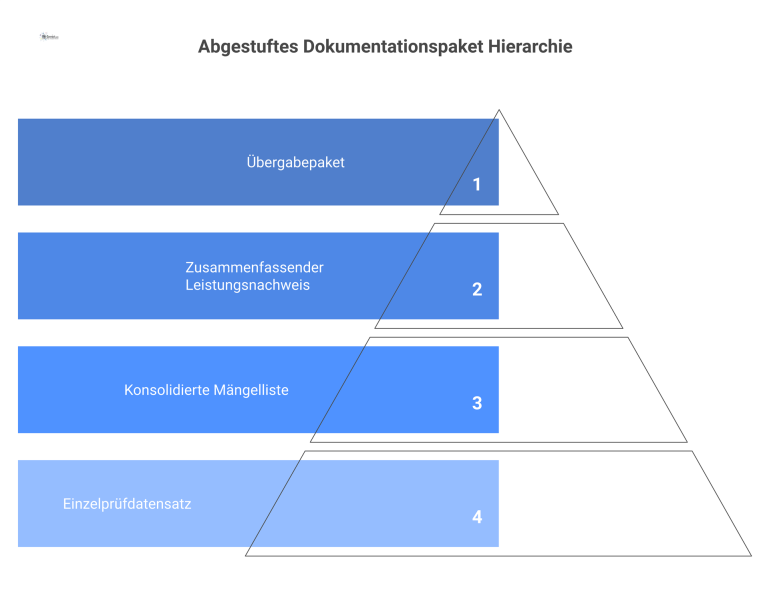 Abgestuftes Dokumentationspaket Übersicht Diagramm eines abgestuften Dokumentationspakets mit den vier Berichtstypen: Einzelprüfdatensatz, Mängelliste, Leistungsnachweis und Übergabepaket.