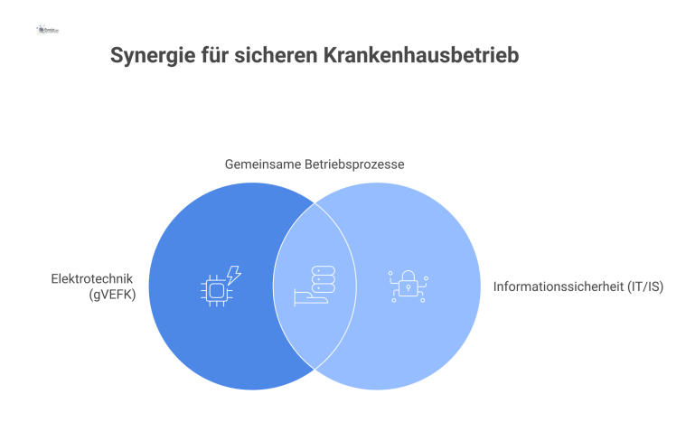 Organigramm: Schnittstelle Elektrotechnik und Informationssicherheit Organigramm der Krankenhaus-Betriebsführung, das die Schnittstelle und Überlappung der Bereiche Elektrotechnik und Informationssicherheit bei gemeinsamen Prozessen zeigt.