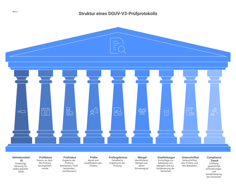 Struktur eines DGUV-V3-Prüfprotokolls Infografik zur Struktur eines DGUV-V3-Prüfprotokolls, die neun Hauptelemente und ihre Verbindung zu den jeweiligen Compliance-Zwecken darstellt.